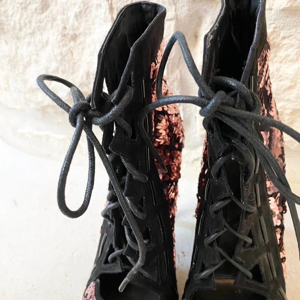 Privilege Starlit‎ Womens Rose Gold Black Sequin Size 7.5 Lace Up Stiletto Heels